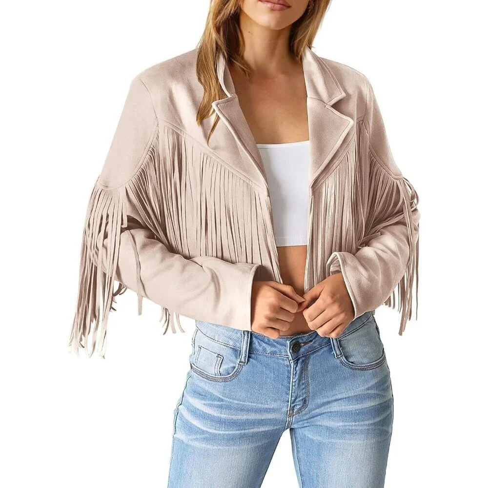 Women's Beige Apricot Fringe Faux Suede Leather Tassel Motorcycle Cropped Jacket - Picture 2 of 9